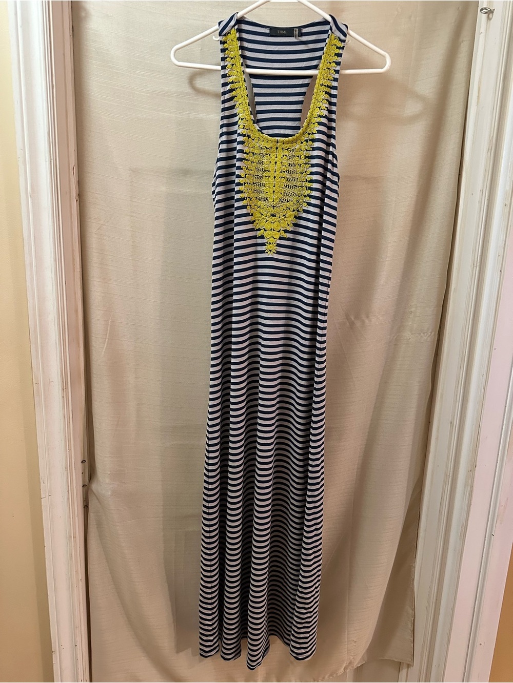 THML Navy Grey Striped Maxi Dress Yellow Embroidered Racerback Boho Medium
